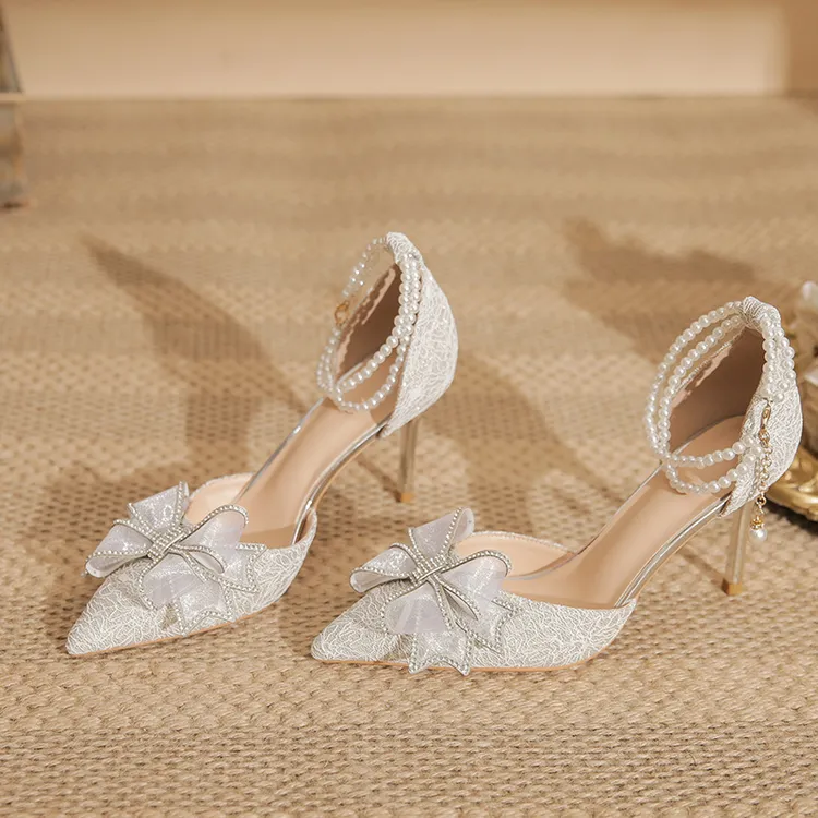 2025年新款蝴蝶结高跟鞋女细跟一字带珍珠新娘鞋时尚气质单鞋女