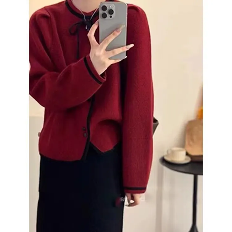 小香风春秋款毛衣针织开衫时尚新款宽松显瘦蝴蝶结圆领气质外套