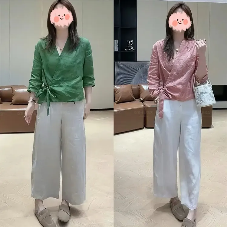 2025早秋新款韩系提花显瘦V领洋气小衫上衣百搭设计感阔腿裤套装