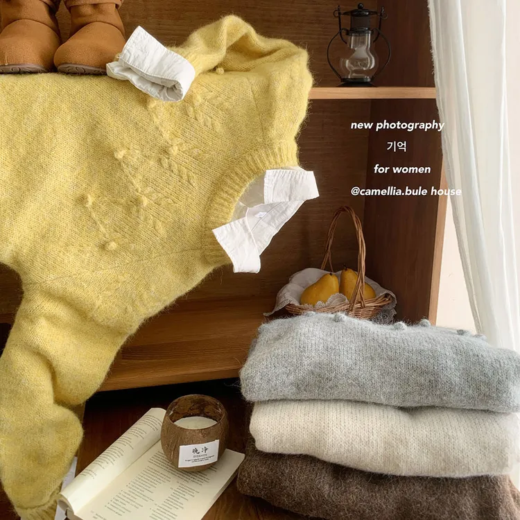 韩系设计感立体毛球奶油黄套头毛衣女冬加厚毛绒小众外穿针织上衣