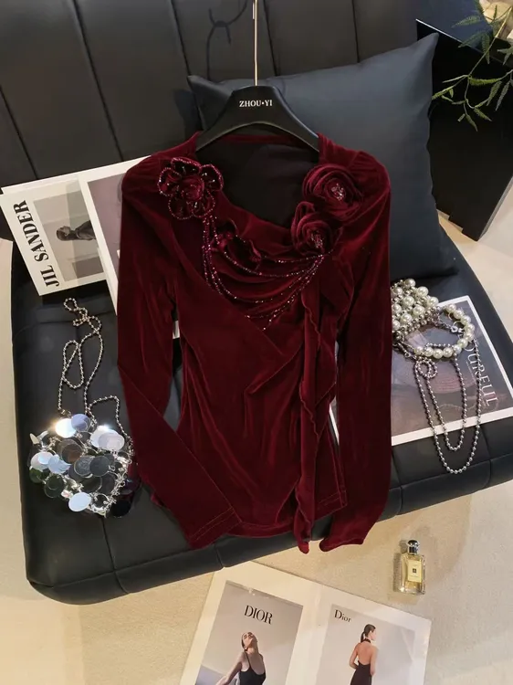 ZHOUYI/周一 冬季2025新款红色丝绒百搭针织衫立体花卉钻链上衣