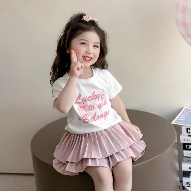女童蛋糕裙套装2025新款儿童夏装韩版洋气宝宝夏季时髦短袖两件套