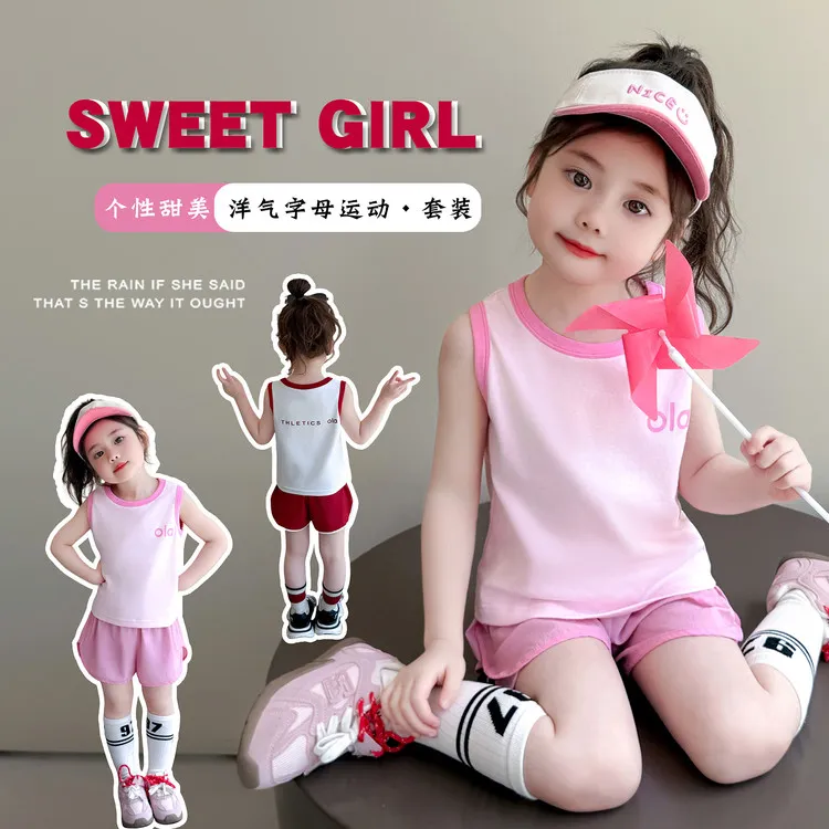 套装休闲夏季字母女童中小童儿童运动洋气女孩个性女宝甜美ol