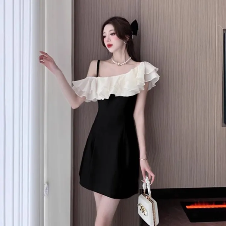 时尚斜肩绝美连衣裙夏季拼接蕾丝短袖短裙高级感收腰显瘦纯后妈裙