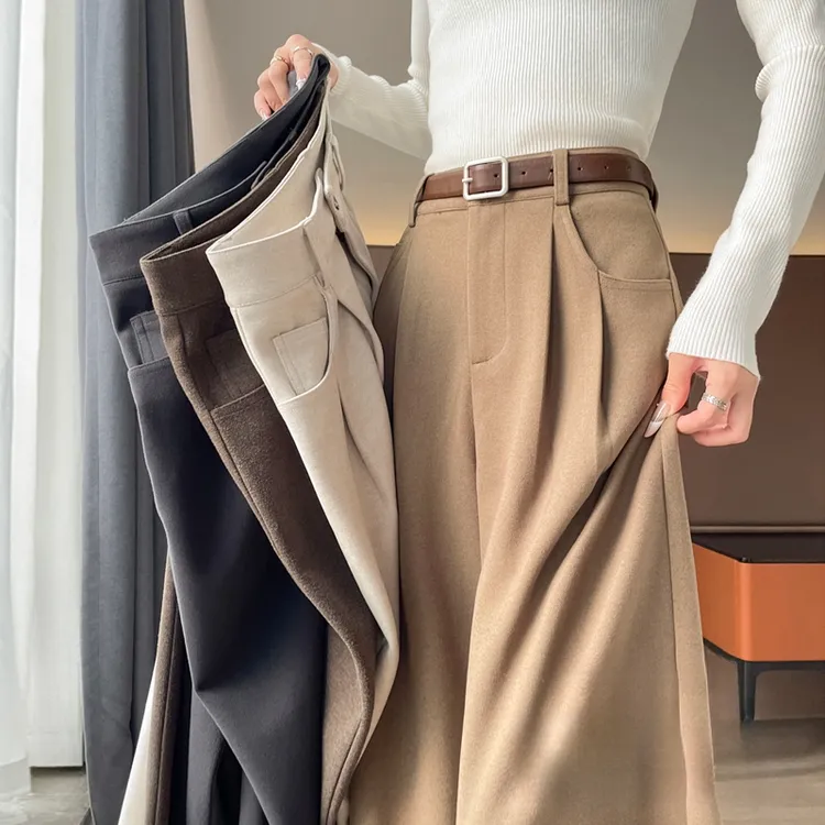 卡其色加绒毛呢阔腿裤女秋冬加厚裤子高级感垂感小个子直筒西装裤