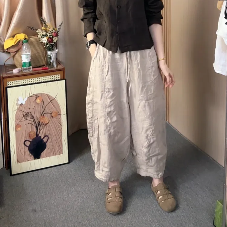 砂洗汉麻100%女款复古百搭弯刀裤显瘦裤长92臀围125