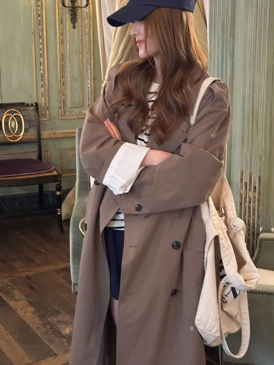 HH.CHAN“汤唯”100%棉破碎感橄榄绿色长款风衣HH53L37103