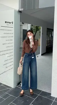 [赫南-] 超软！主播同款复古蓝高腰牛仔裤女宽松显瘦高弹直筒裤