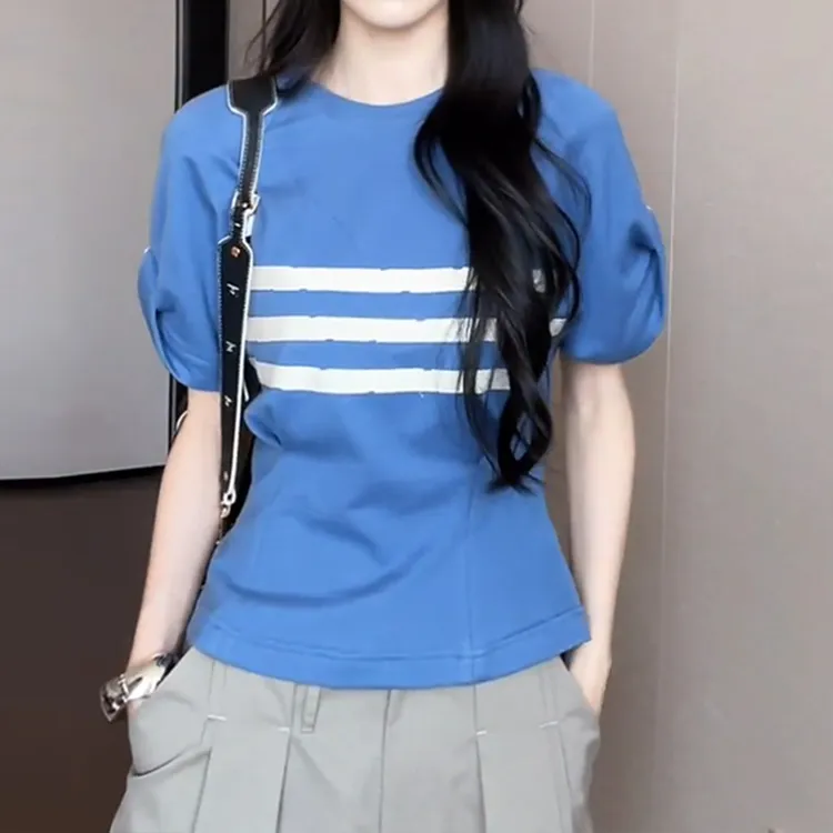 韩版撞色拼接条纹显白圆领泡泡袖T恤女休闲百搭遮肉显瘦短袖上衣