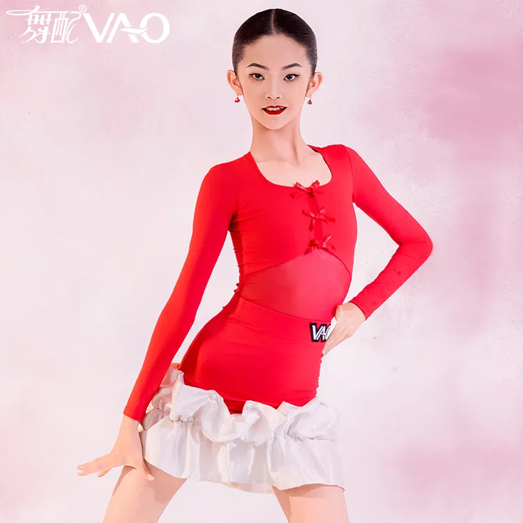 VL51417-2025新款拉丁舞服练功服女童VAO舞配舞服红色蝴蝶结群