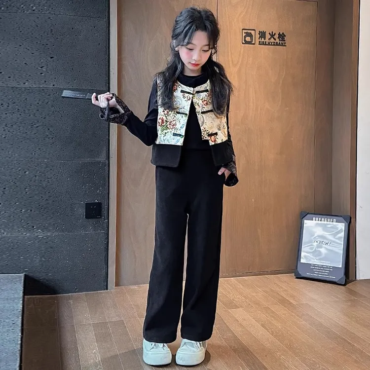 女童春秋套装2025新款女大童新中式洋气复古国风阔腿裤三件套