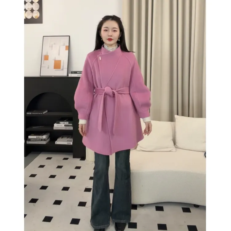 2025秋冬纯色100%绵羊毛中长款立领大衣时尚休闲高级老钱风外套女