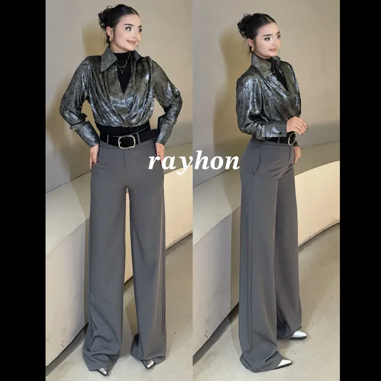 Rayhon三件套冬季御姐高级感轻熟风通勤香槟色衬衫阔腿裤女装套装