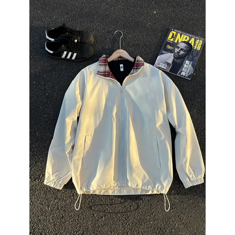 cleanfit米白格子拼接夹克男春秋季无帽棒球服美式翻领情侣装外套