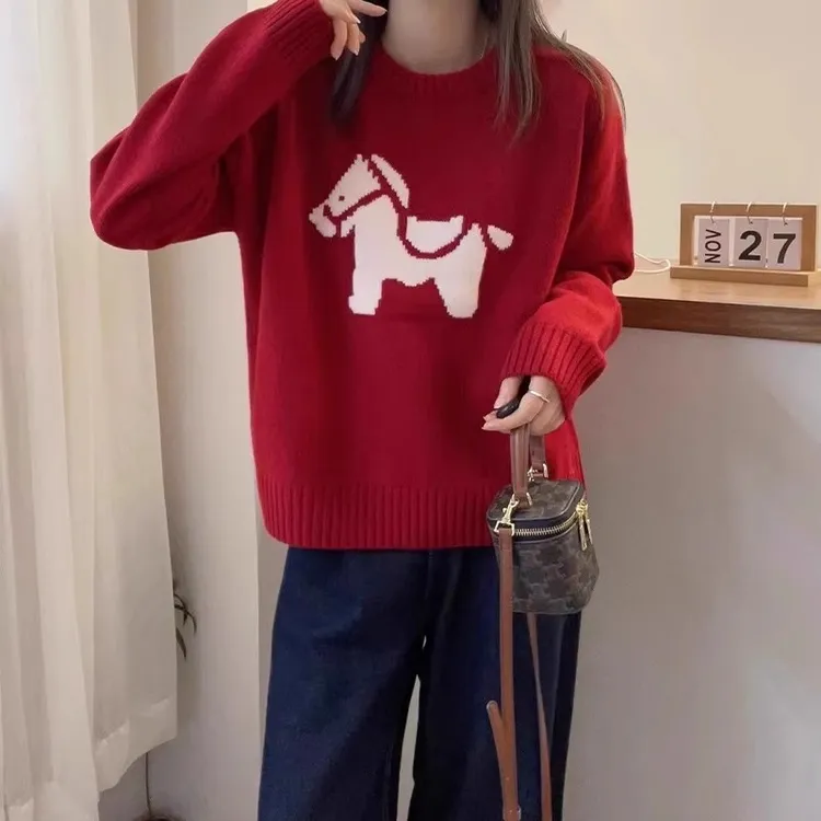 超大码300斤可爱提花小马图案针织衫男女秋冬季新年红色圣诞毛衣
