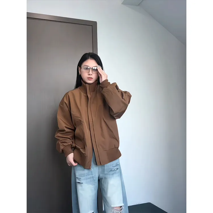 美式复古棕咖色螺纹领短款外套男女潮牌三防工装飞行夹克棒球服秋