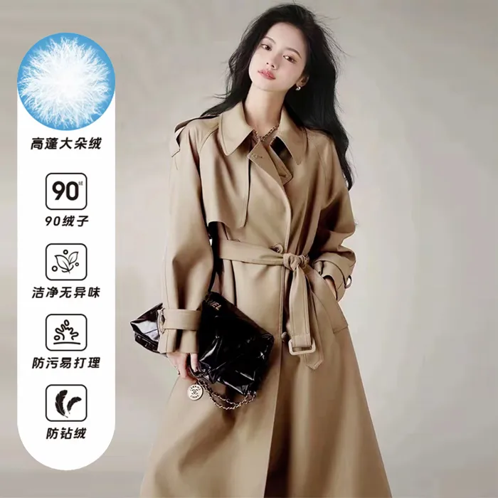 风衣羽绒外套女2025冬季新款英伦风加厚双排扣中长款收腰羽绒外套