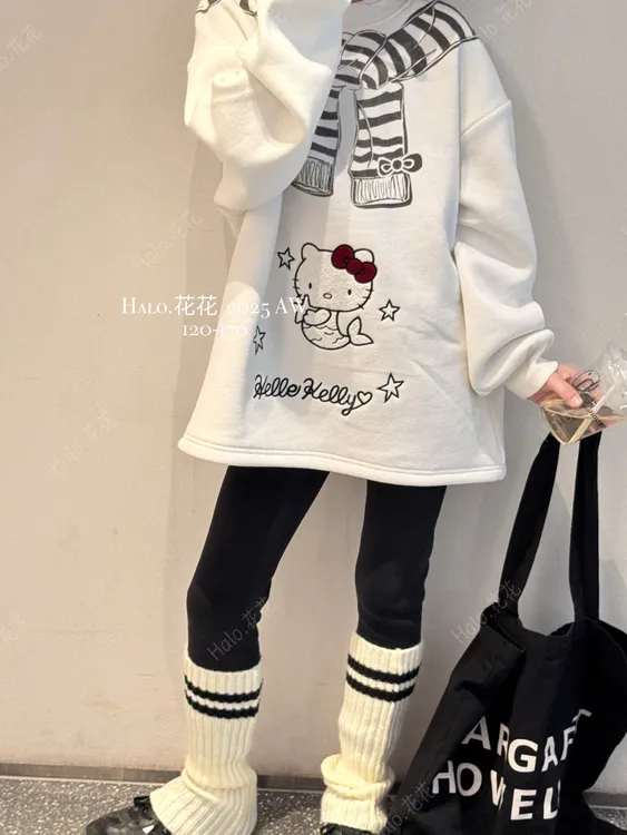 2025冬款加绒加厚套头贴布蕾丝刺绣款假披肩设计Kitty卫衣25962