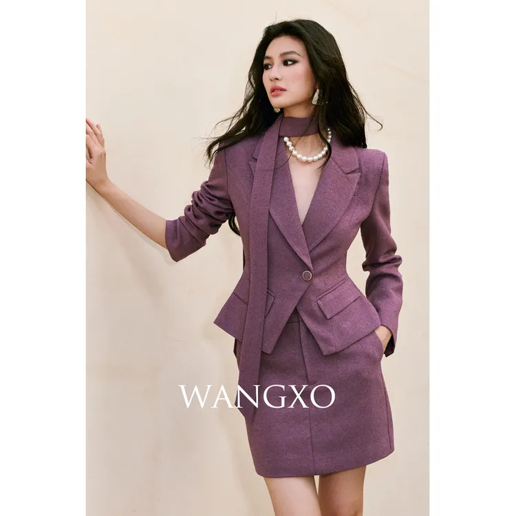 WANGXO 戗驳领飘带收腰气质西装套装 253713W