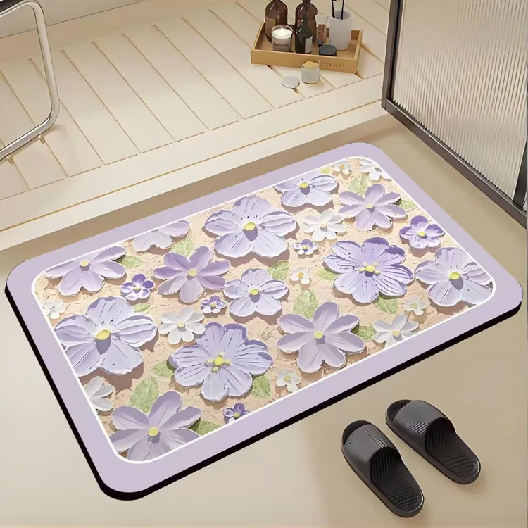 《加大尺寸》紫色油画花大门口卫生间门口厨房脚垫地毯硅藻泥地垫1