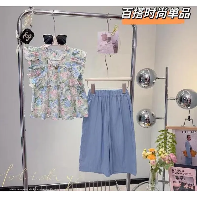 2025新款洋气夏季百搭女童可爱碎花上衣蓝色阔腿裤时尚休闲风高颜