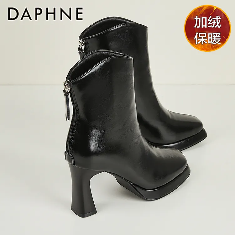 达芙妮8.5CM高跟马丁靴女款2025冬季新款加绒短靴马蹄跟V口瘦瘦靴