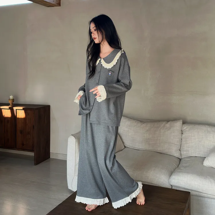 及好睡衣女春秋季纯棉娃娃领长袖开衫休闲可外穿家居服秋冬款套装