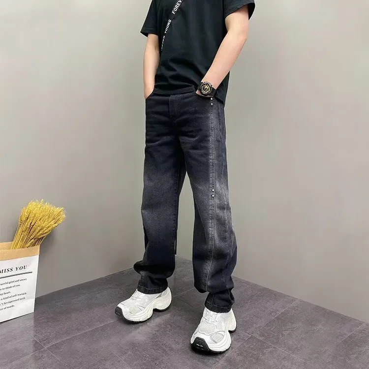 2025秋季新款男士牛仔裤潮流宽松直筒拖地裤百搭痞帅拼接哈伦长裤
