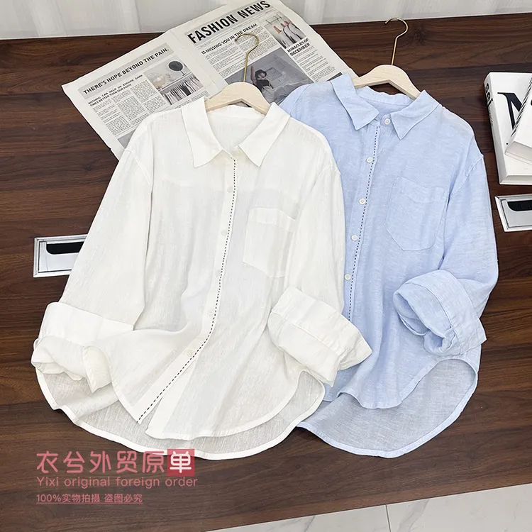 (简约明线亚麻衬衫)C8695早秋老钱风轻盈舒适宽松长袖外套W