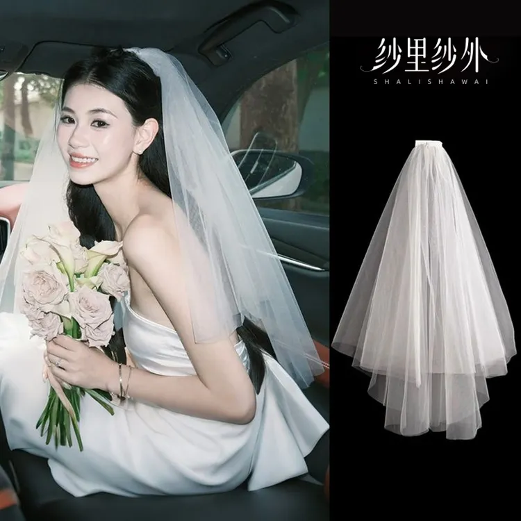 新娘求婚头纱超仙领证结婚短款头饰婚纱蓬蓬登记白色拍照道具简约