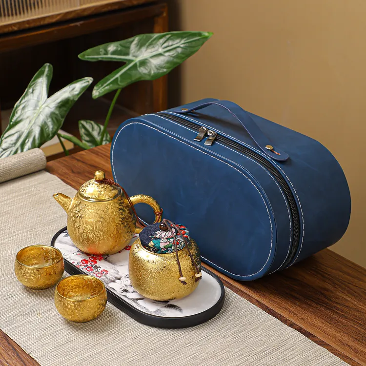 鎏金中式茶具便携式车载户外旅游陶瓷礼盒复古创意简约单人茶具