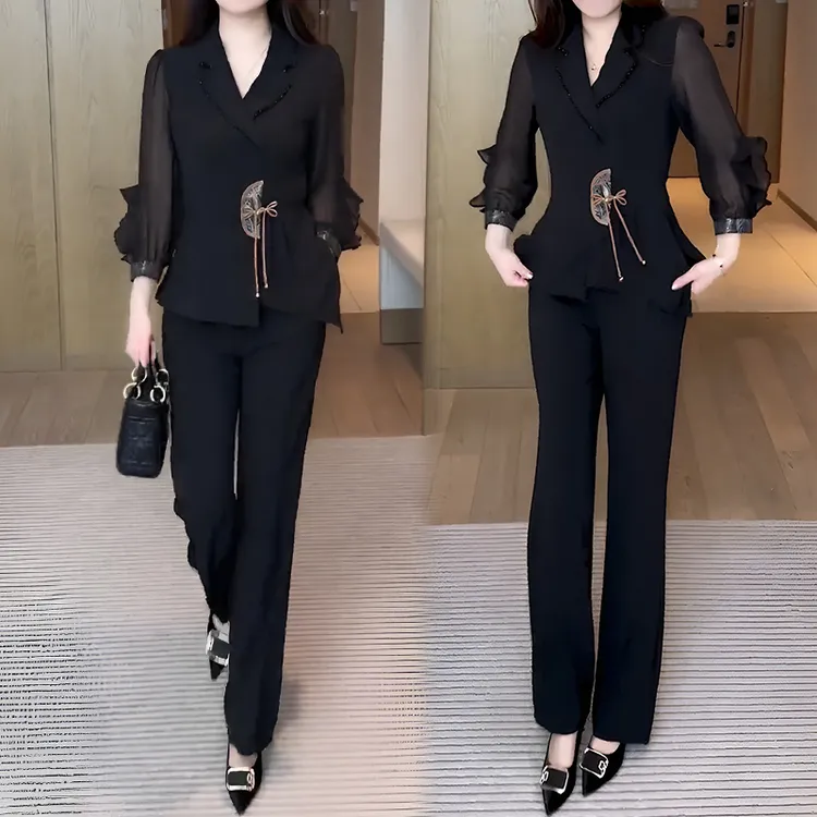 时尚套装女2026春秋新款时髦洋气国风上衣微喇叭裤显瘦气质两件套