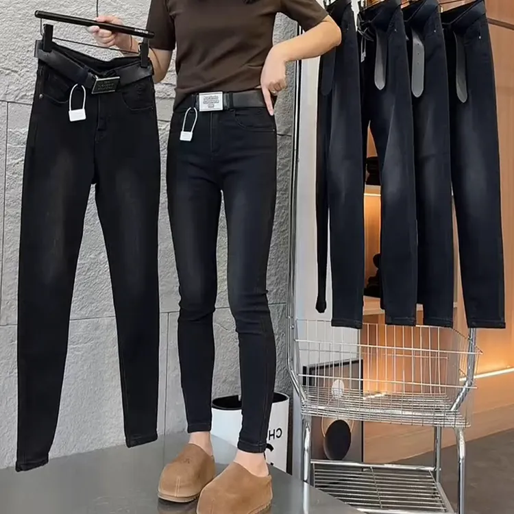 大码秋季新款黑灰高腰弹力小脚牛仔裤女胖mm小个子九分显瘦铅笔裤