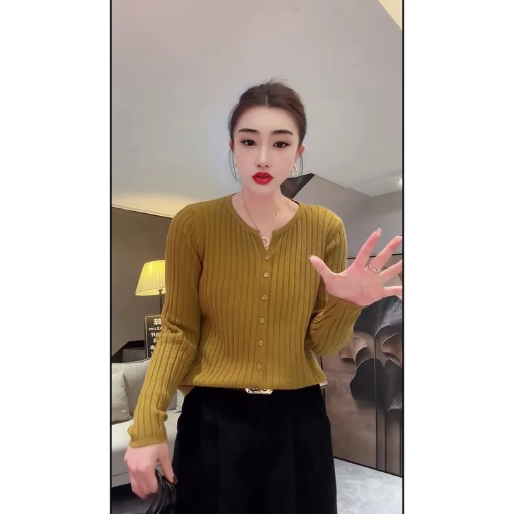 纯色排扣长袖女薄款韩版针织毛针织衫毛衣上衣女装衫时尚百搭秋冬