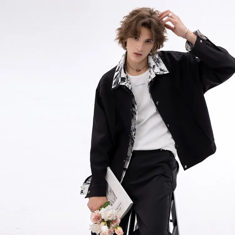 CHOR秋季时尚休闲百搭潮流印花复古拼色韩版短款夹克外套秋季上衣