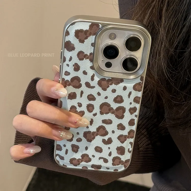 复古秋冬豹纹皮质蝴蝶结17promax手机壳16/15适用iPhone13银边11