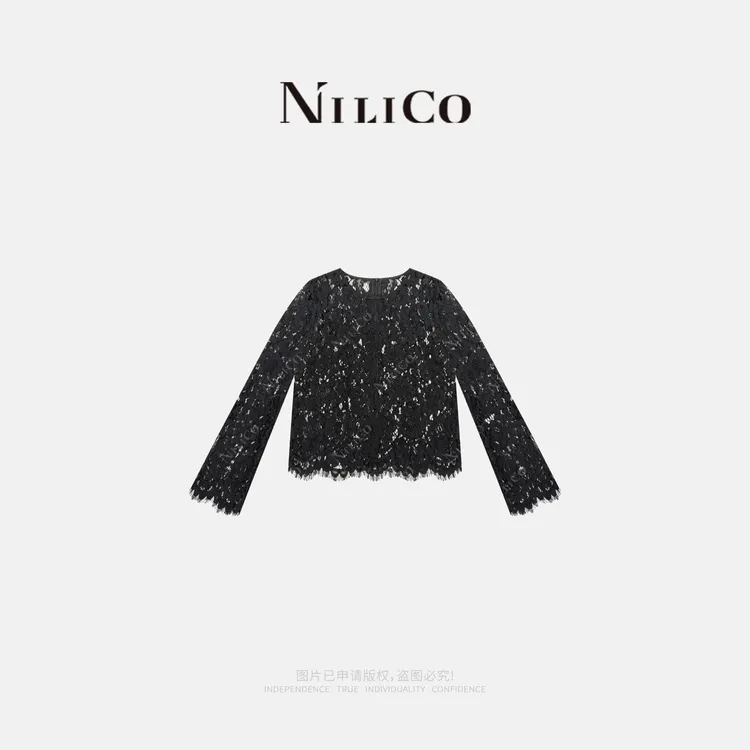 NILICO【爱的华尔兹】重工股线微透镂空立体蕾丝气质正肩上衣