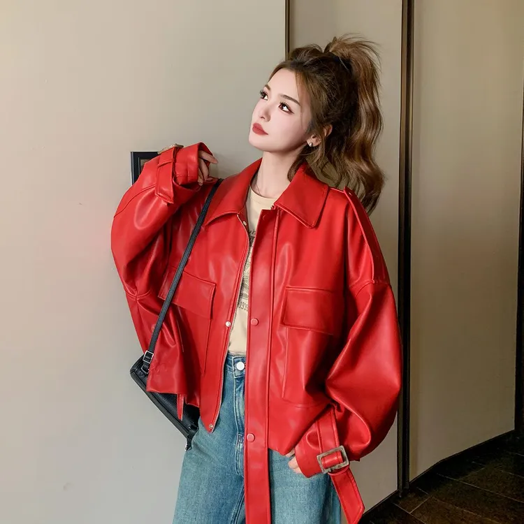 红色PU皮衣外套女2025春秋新款高级感复古洋气小个子机车风短夹克