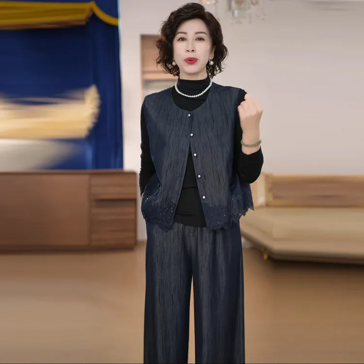 2025新款印花拼接长裤复古时尚中老年女装马甲外套春秋气质三件套