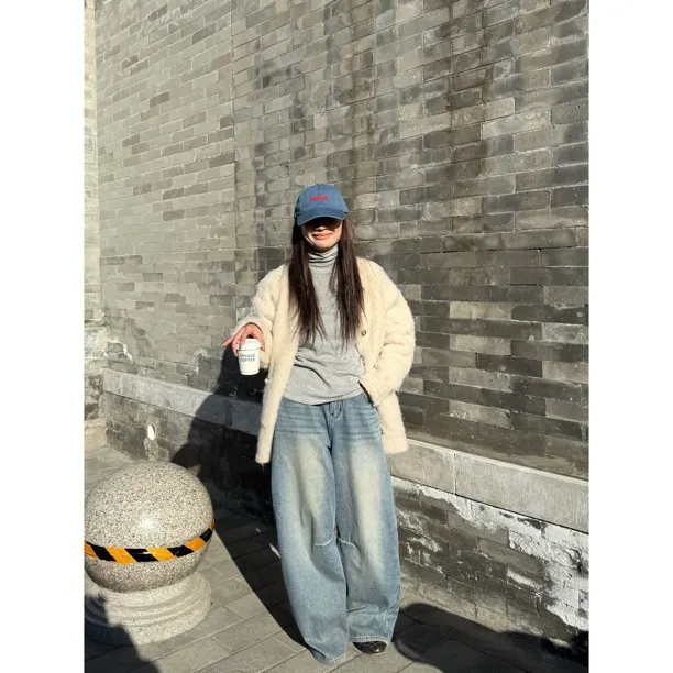 ONNI窄版阔腿裤复古牛仔裤女新款高腰显瘦直筒裤垂感拖地裤#6017