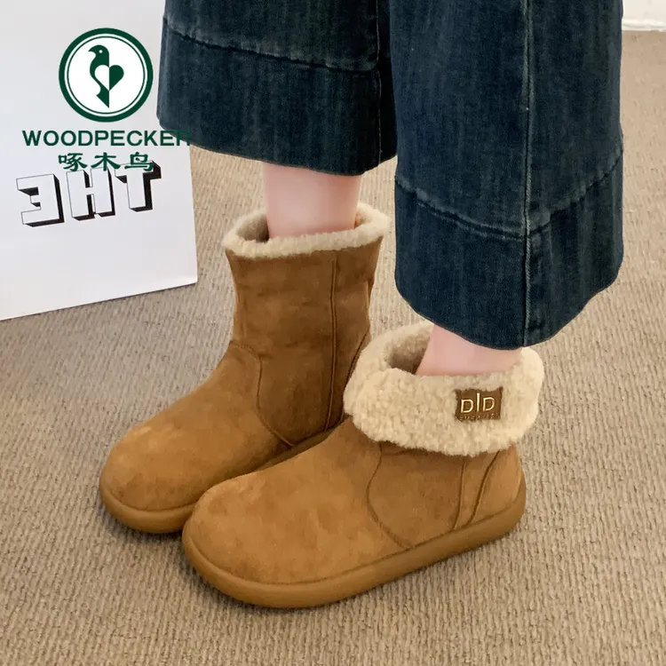 啄木鸟复古加绒雪地靴女2025秋冬新款两穿保暖毛毛勃肯鞋防滑短靴
