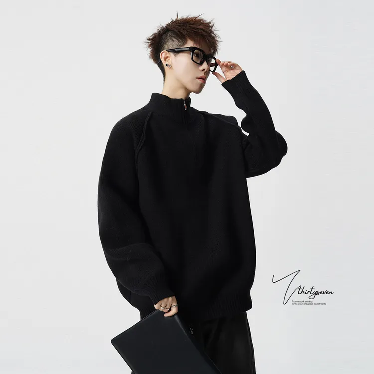 V37美式复古黑色半拉链立领毛衣男秋冬休闲慵懒风宽松针织衫外套