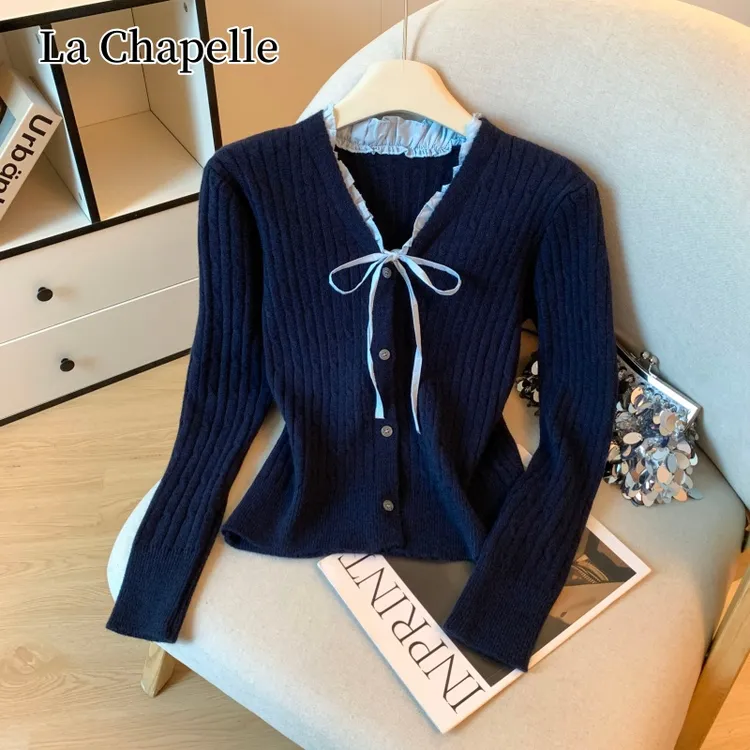 拉夏贝尔法式高级v领蝴蝶结毛衣针织衫女秋冬季软糯开衫外穿上衣