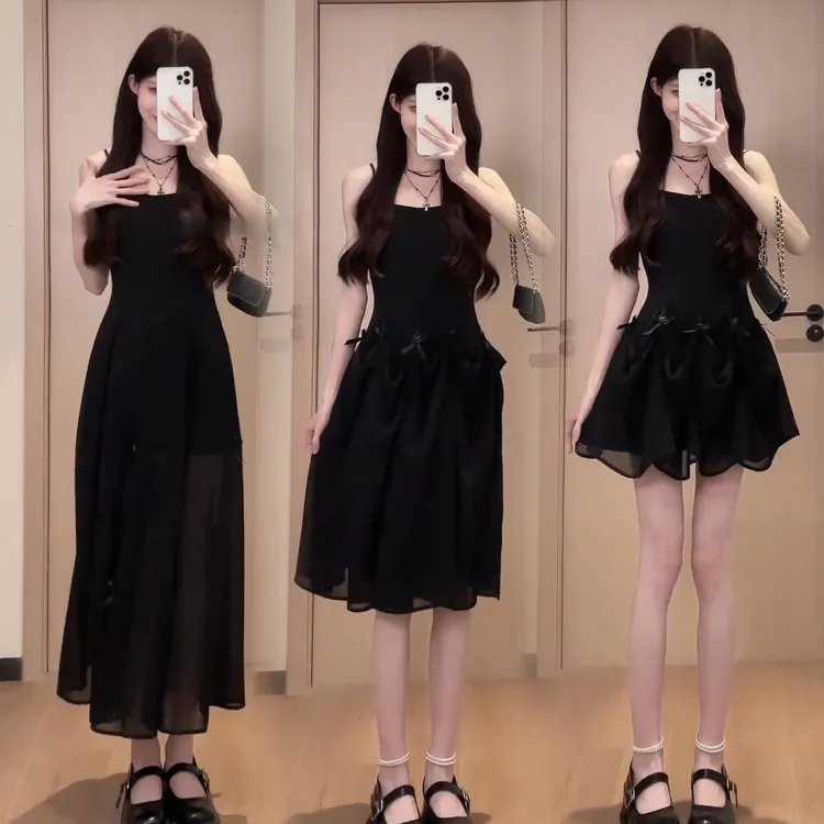 松本黑色蝴蝶结吊带连衣裙女春夏季收腰显瘦减龄气质打底长裙丧