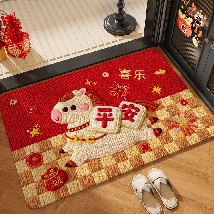 可爱小马红色喜庆入户门地垫新年卡通玄关地毯