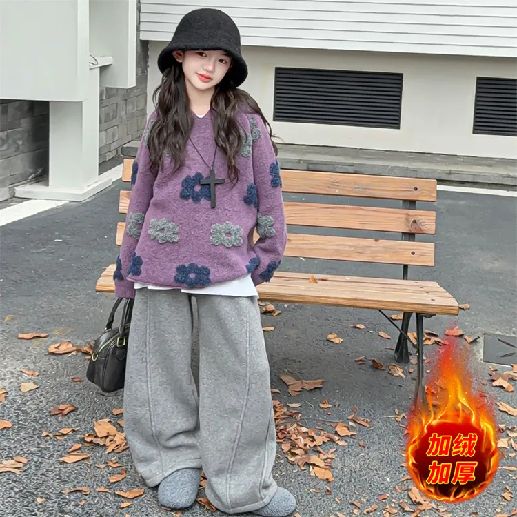 【酷哒仔】女童韩系针织连帽毛衣加绒裤子两件套装2025秋冬装中大童