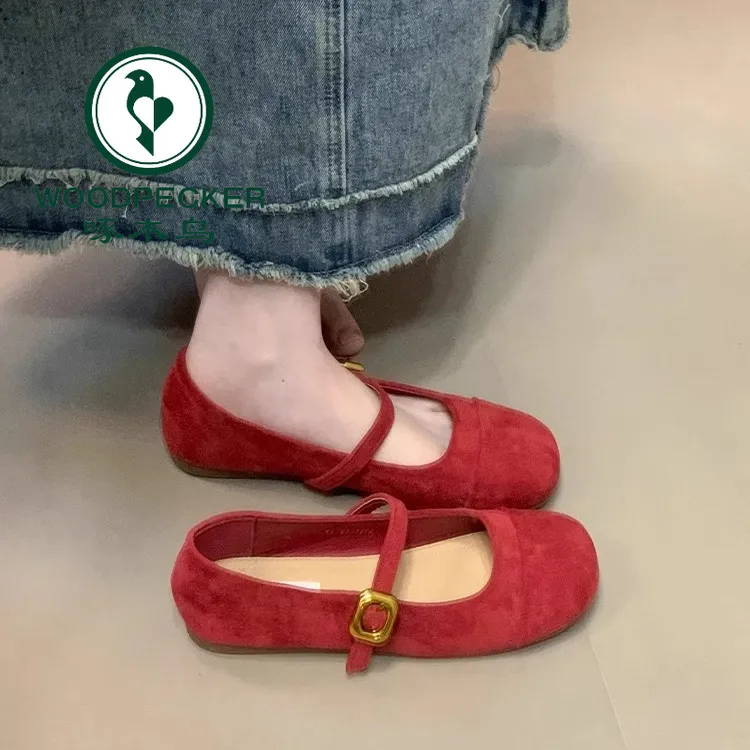 啄木鸟单鞋女2025夏新款法式复古温柔仙女绒面玛丽珍鞋平底豆豆鞋