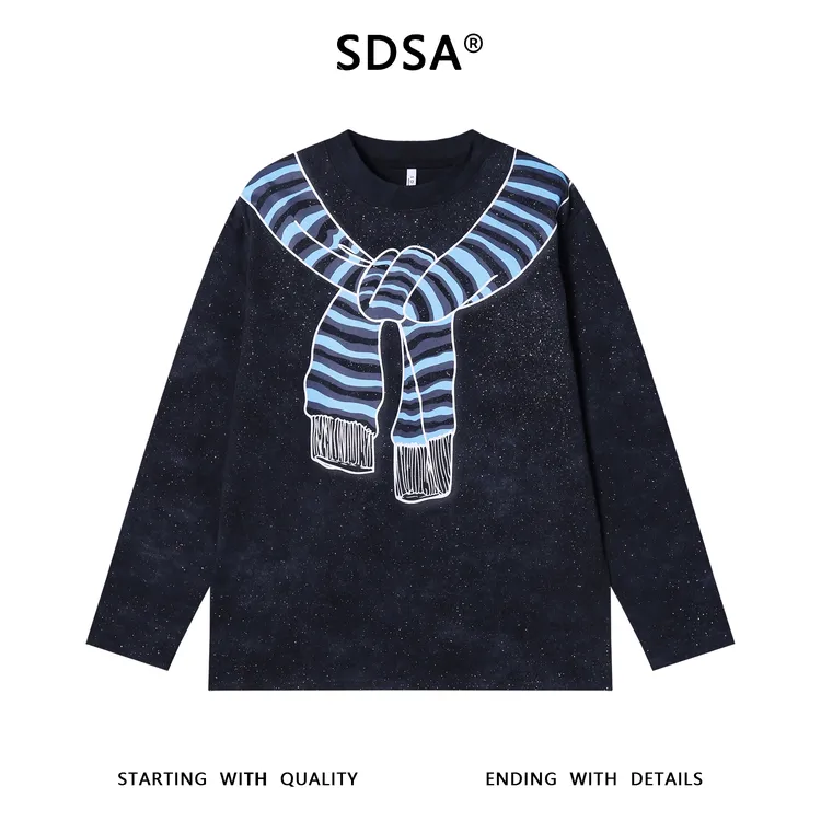 秋季高级感新款男士简约满天星手绘披肩印花长袖T恤百搭圆领宽松