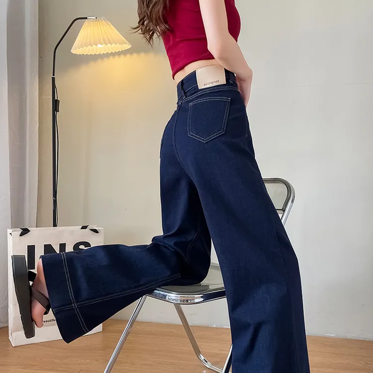 丹宁蓝阔腿牛仔裤女秋冬2024年新品高腰宽松显瘦时尚垂感直筒裤子