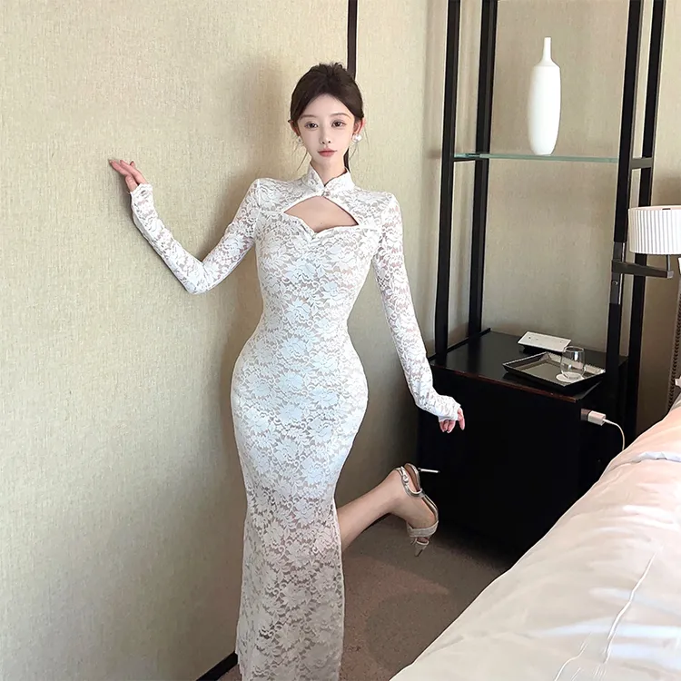 韩版名媛温柔淑女蕾丝长裙立领镂空修身开叉长袖旗袍连衣裙
